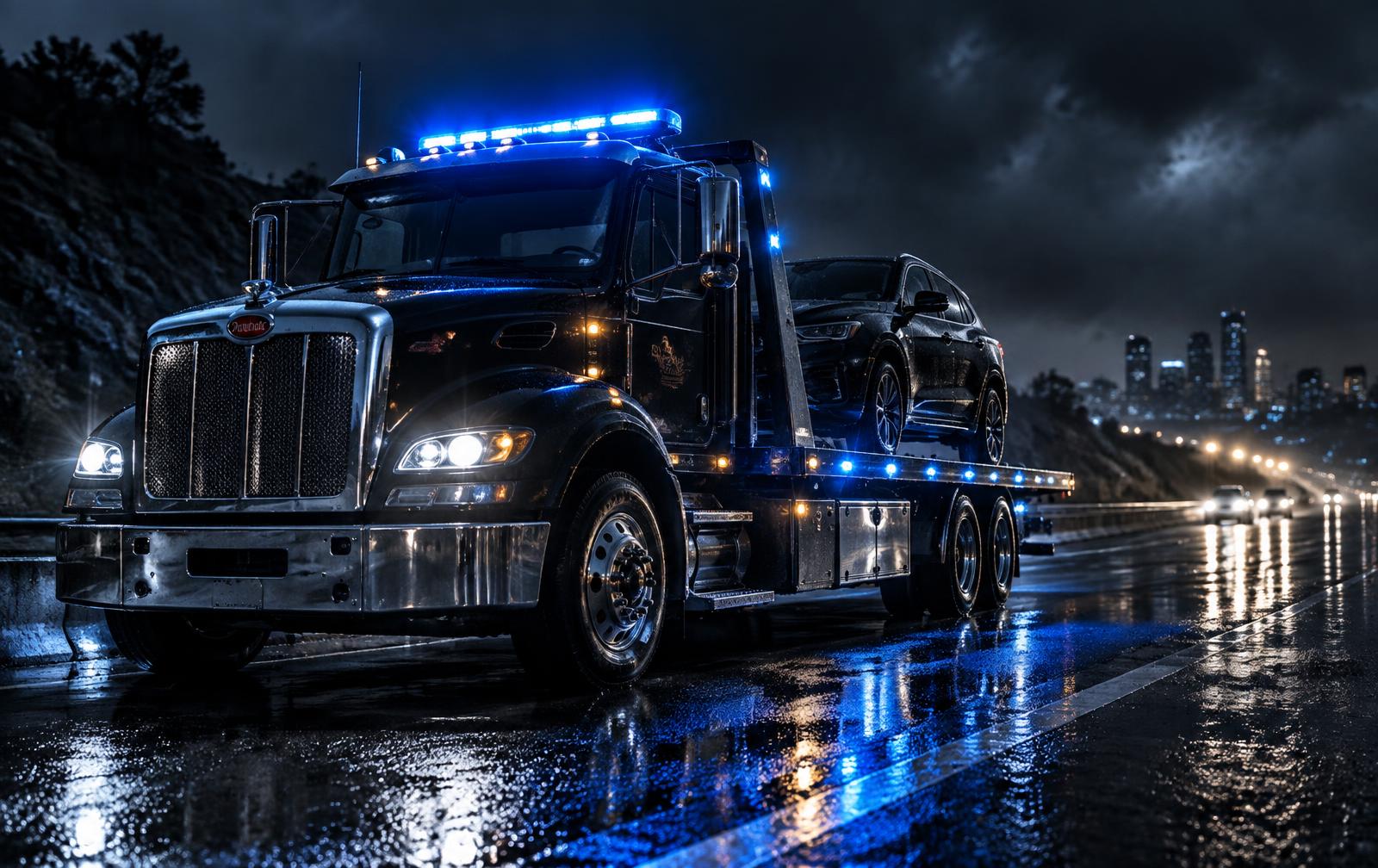 Flatbed tow truck with blue lights on a wet highway at night